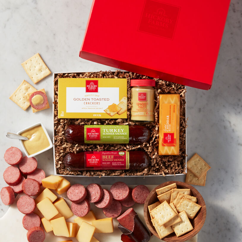 Hickory Farms Classic Beef & Turkey Sampler includes summer sausage, mustard, cheese, and crackers
