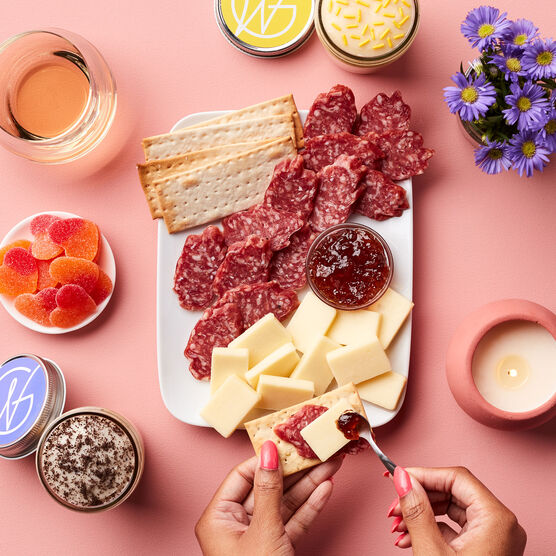 Charcuterie spread of Blooms & Bites Wine Gift Set