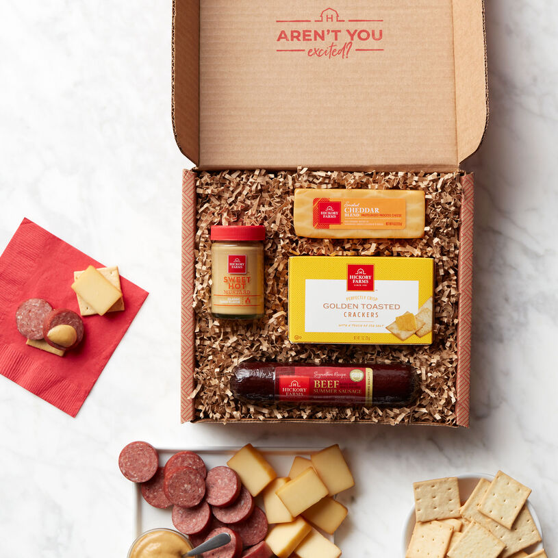 Hickory Farms' Signature Beef Sampler Gift Box includes summer sausage, cheese, and crackers.