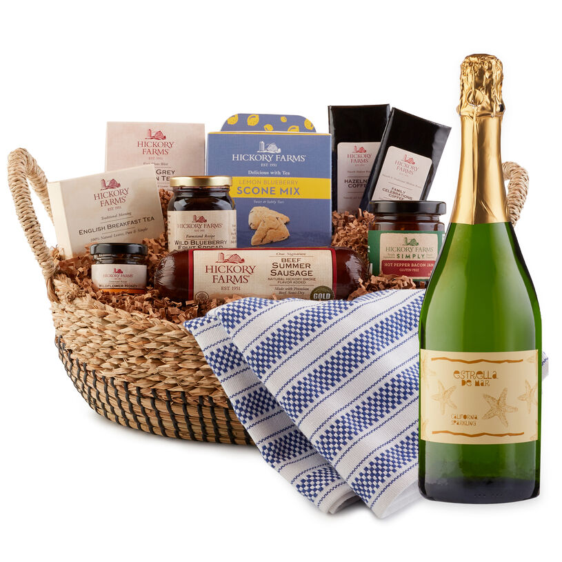 This gift features sweet and savory essentials for creating a delicious brunch spread right at home, carefully packed in a chic reusable basket.