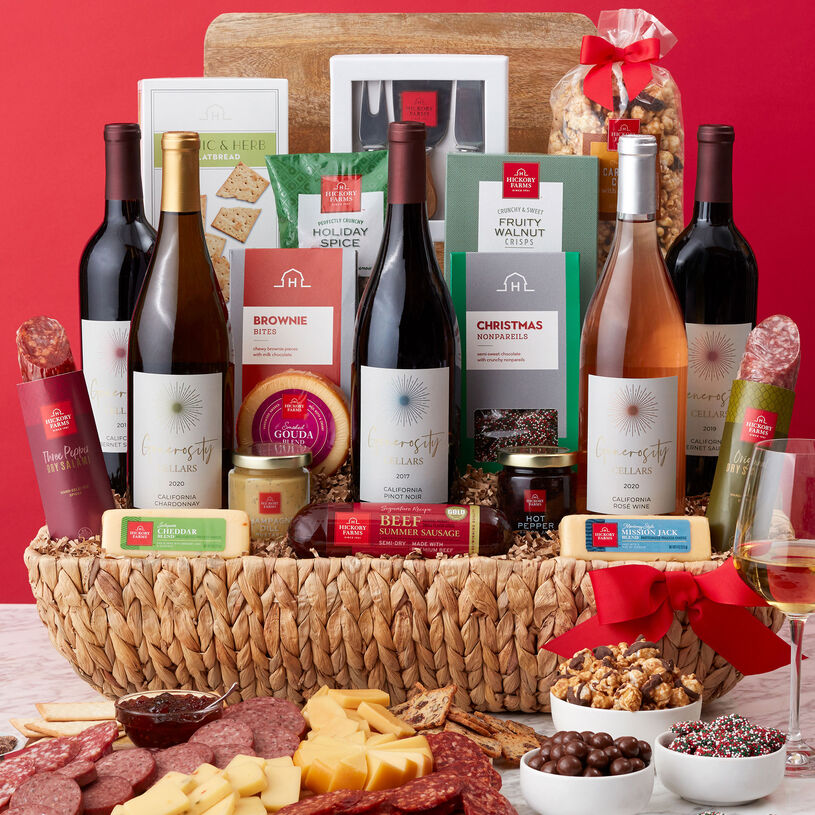Holiday basket with meat, cheese, snacks, and 5 bottles of wine