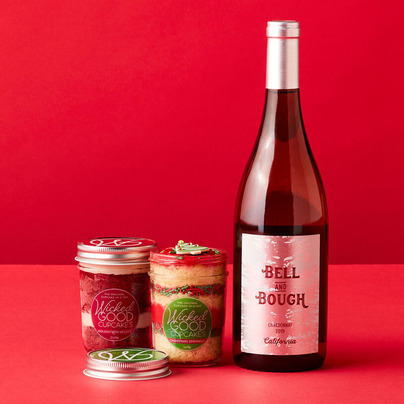 Christmas Sprinkle and Holiday Red Velvet Cupcake Jars are deliciously paired with Bell & Bough California Chardonnay.