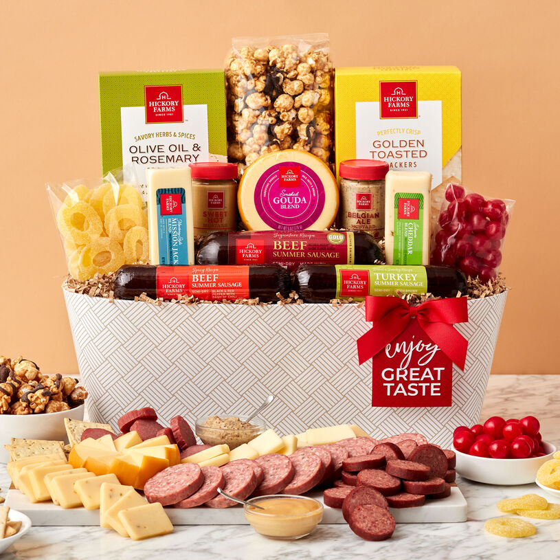 This meat and cheese gift basket is filled with our well-loved Signature Beef Summer Sausage, cheese, mustard, crackers, and our favorite decadent sweets.