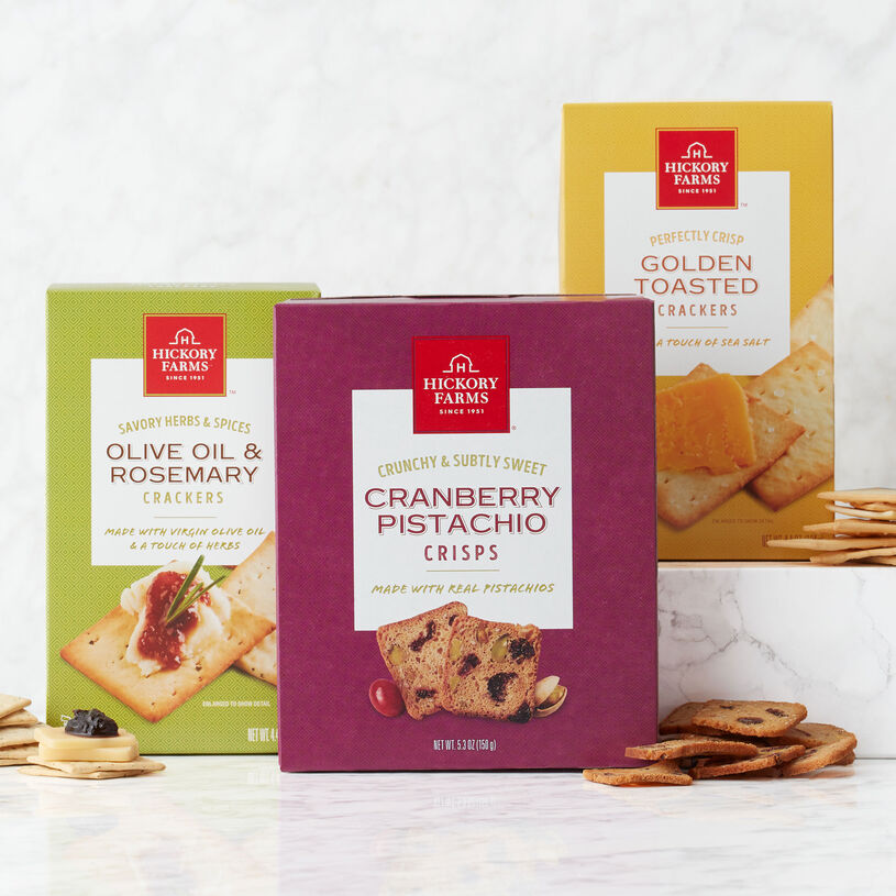 This flight includes herbed Olive Oil & Rosemary Crackers, classic Golden Toasted Crackers, and sweet and salty Cranberry Pistachio Crisps. 