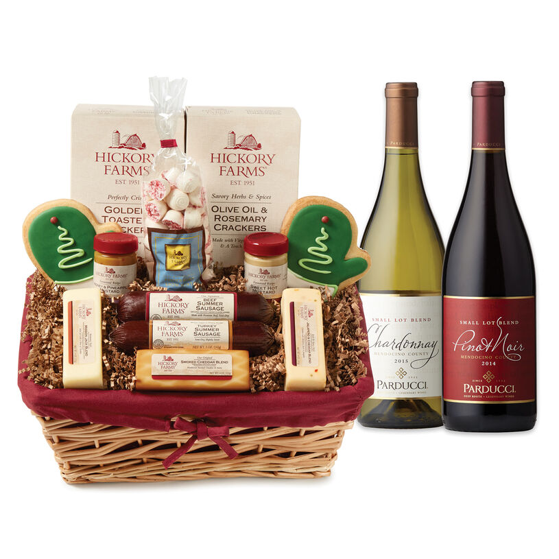 Winter Wonderland basket includes sausage, cheese, mustard, mints, cookies, and wine