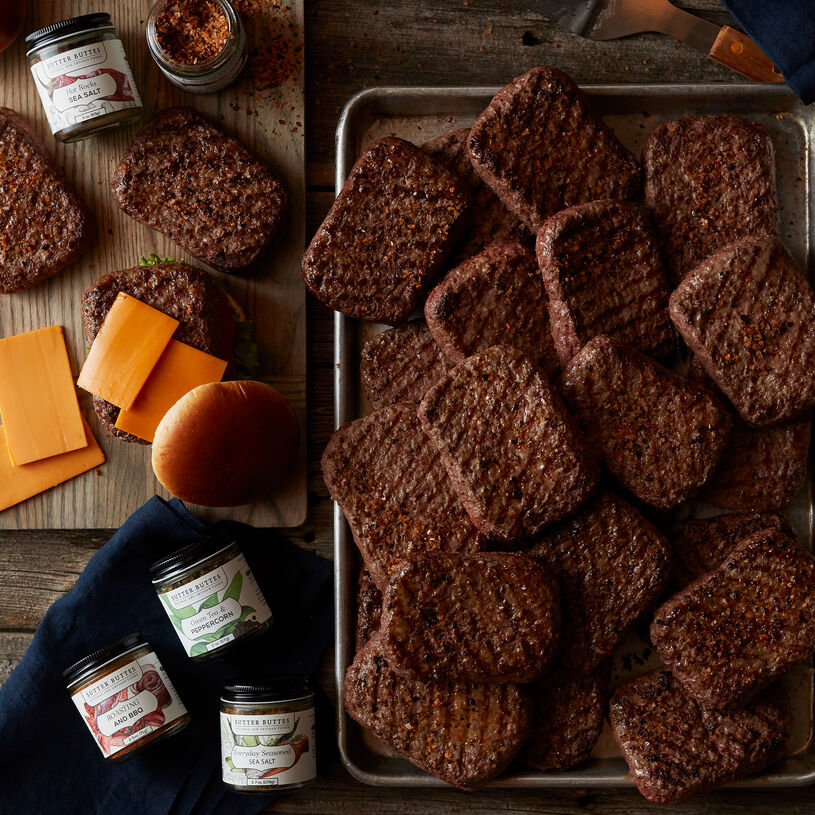 This set includes twenty-four of our delicious Prime Burgers that Dad can customize using four gourmet seasonings from Sutter Buttes.