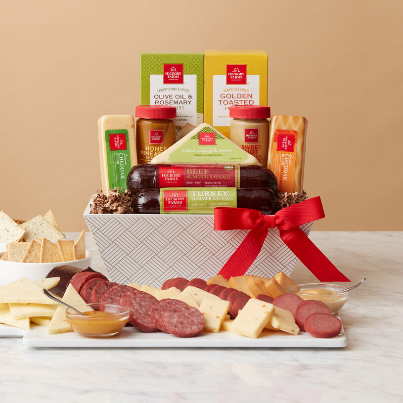 This basket includes Signature Beef and Sweet & Smoky Turkey Summer Sausages, and a variety of cheese, mustard, and crackers