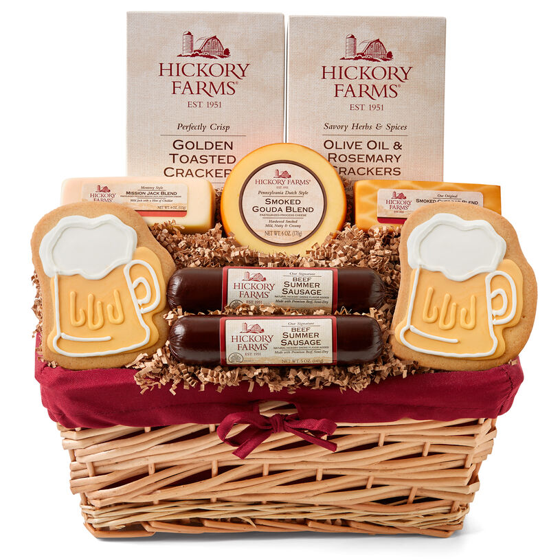 This Father's Day basket includes a variety of cheeses and crackers, our award-winning Beef Summer Sausage, and a beer stein cookie.