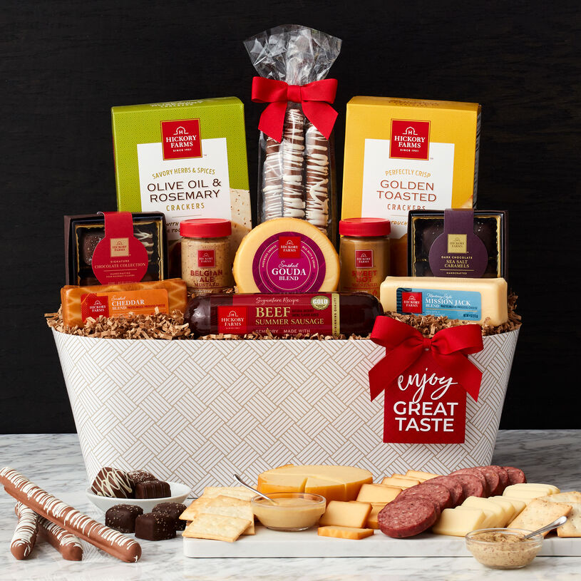 This meat and cheese gift basket is filled with our well-loved Signature Beef Summer Sausage, cheese, mustard, crackers, and our favorite decadent sweets.