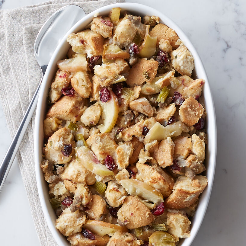 French bread, pork sausage, dried cranberries, onions, red apples, and celery come together for a side dish!