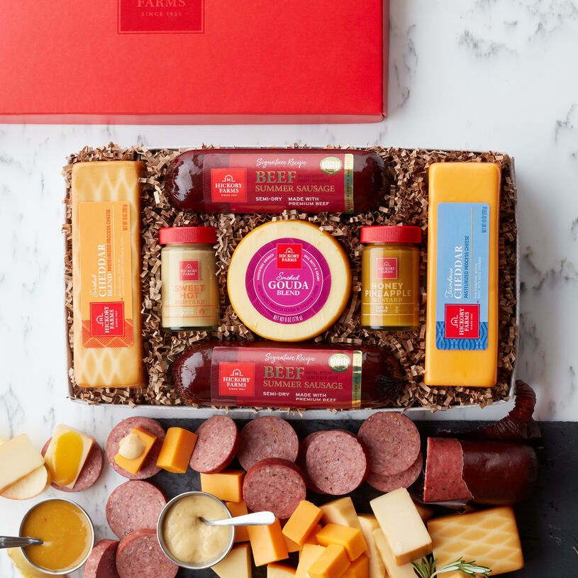 Our best-selling gift box includes mustard, summer sausage, and various cheeses