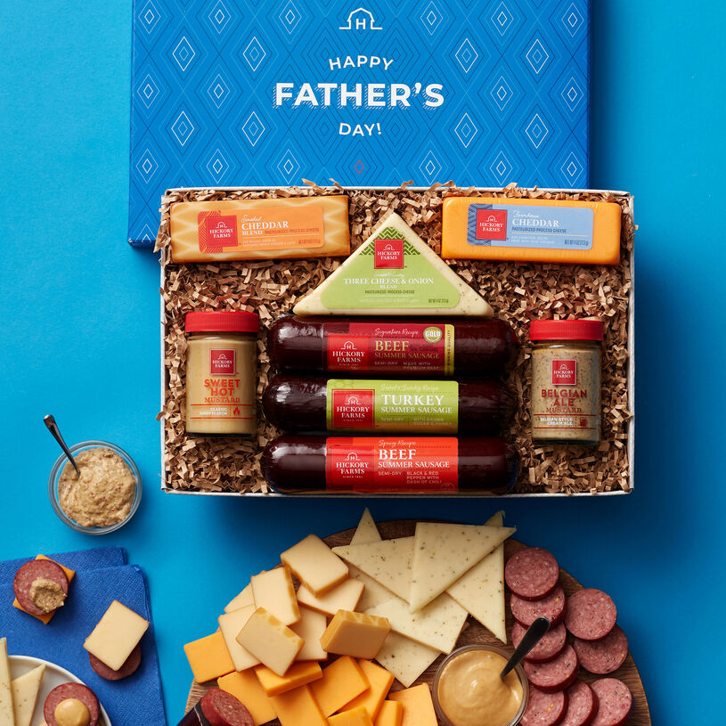 Treat Dad to a selection of Signature Beef, Spicy Beef, Sweet & Smoky Turkey, Farmhouse Cheddar, Smoked Cheddar Blend, Three Cheese & Onion Blend, Belgian Ale, and Sweet Hot Mustard.