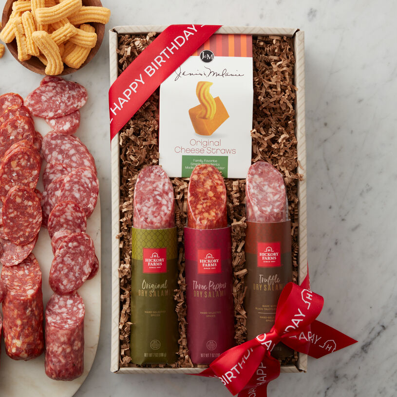 his flight includes a sampling of all three flavors: Original Dry Salami, Truffle Dry Salami, and Three Pepper Dry Salami, made with spicy white pepper, cayenne, and crushed red pepper.