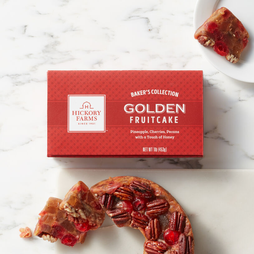 Golden Fruitcake packed with ingredients like sweet candied pineapple, cherries, and crunchy pecans.
