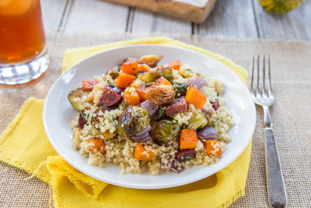 Warm Quinoa Salad with Roasted Vegetables and Beef Summer Sausage