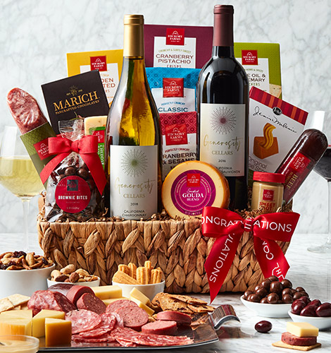 Picnic Basket containing sausage, cheese, napkins, and chocolates.