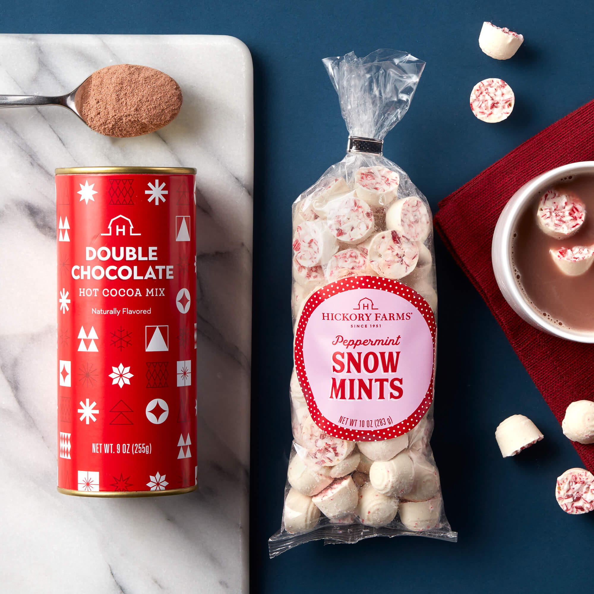 Our Sweet & Creamy Hot Cocoa is extra delicious when you drop in a few of our famous Peppermint Snow Mints. 