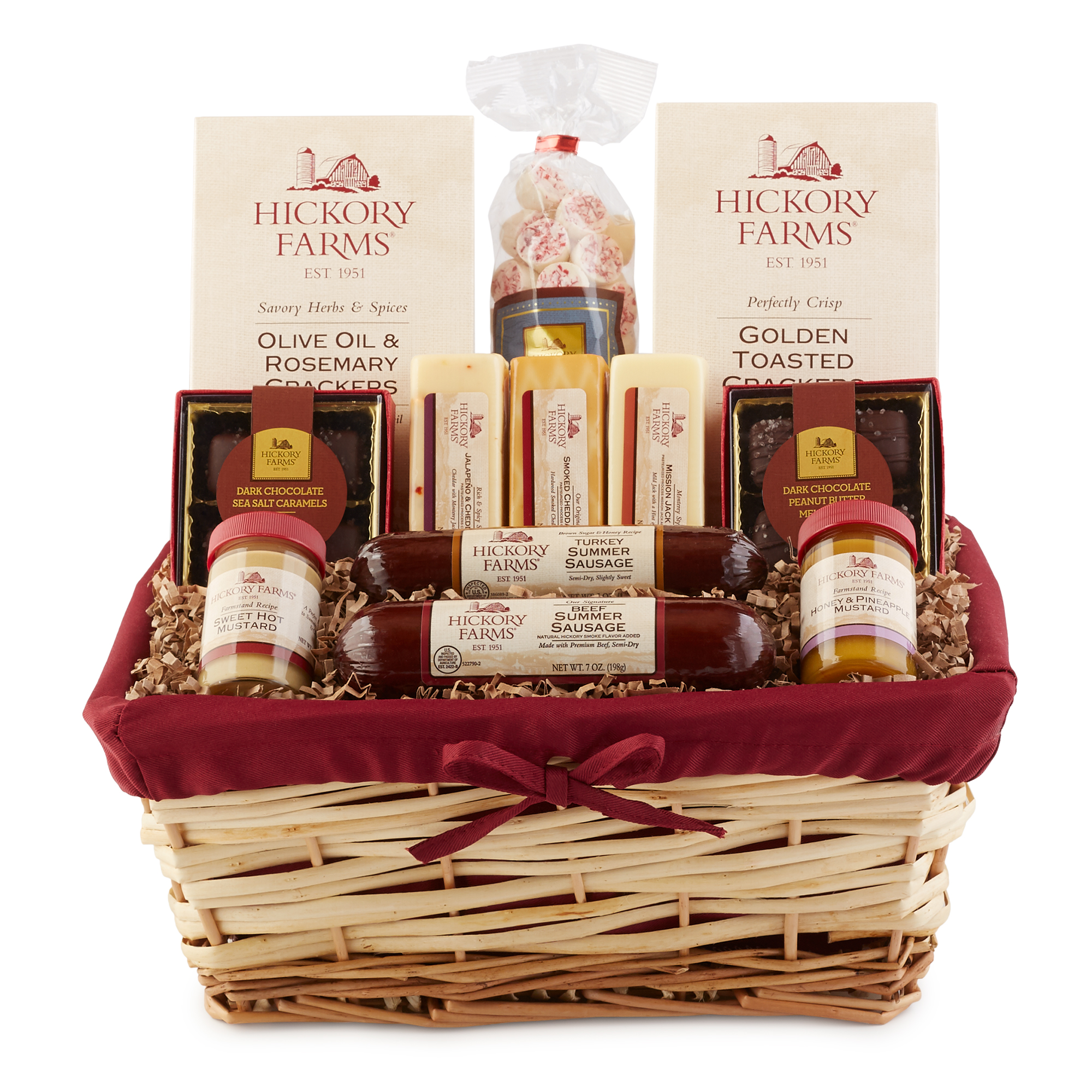 Beef and turkey sausage lovers agree: this gift basket has something for every taste! Not just our two most popular Signature Summer Sausages, but also a hearty selection of savory cheeses and favorite treats.