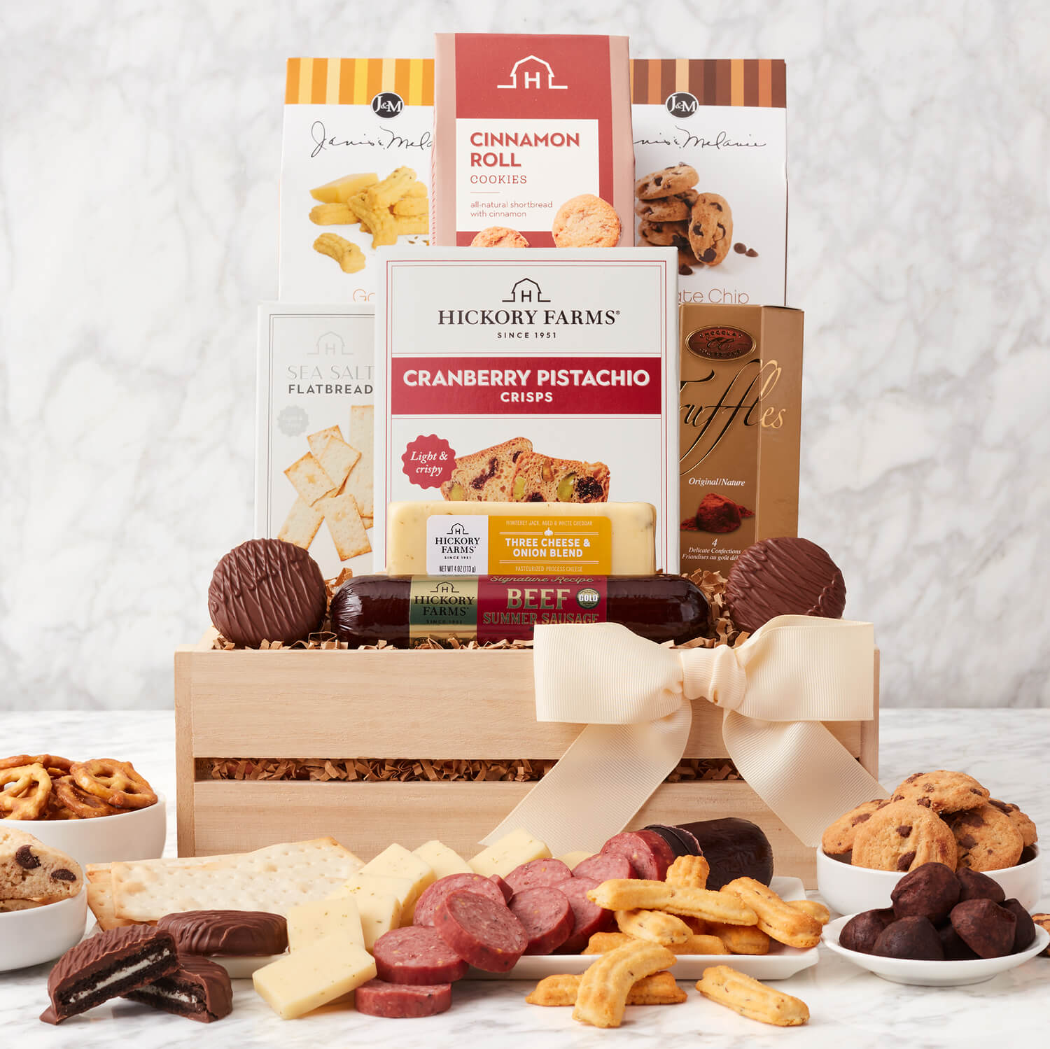 Gourmet Snack Gift Basket beef sausage, cheese, crackers, crisps, chocolate, and cookies