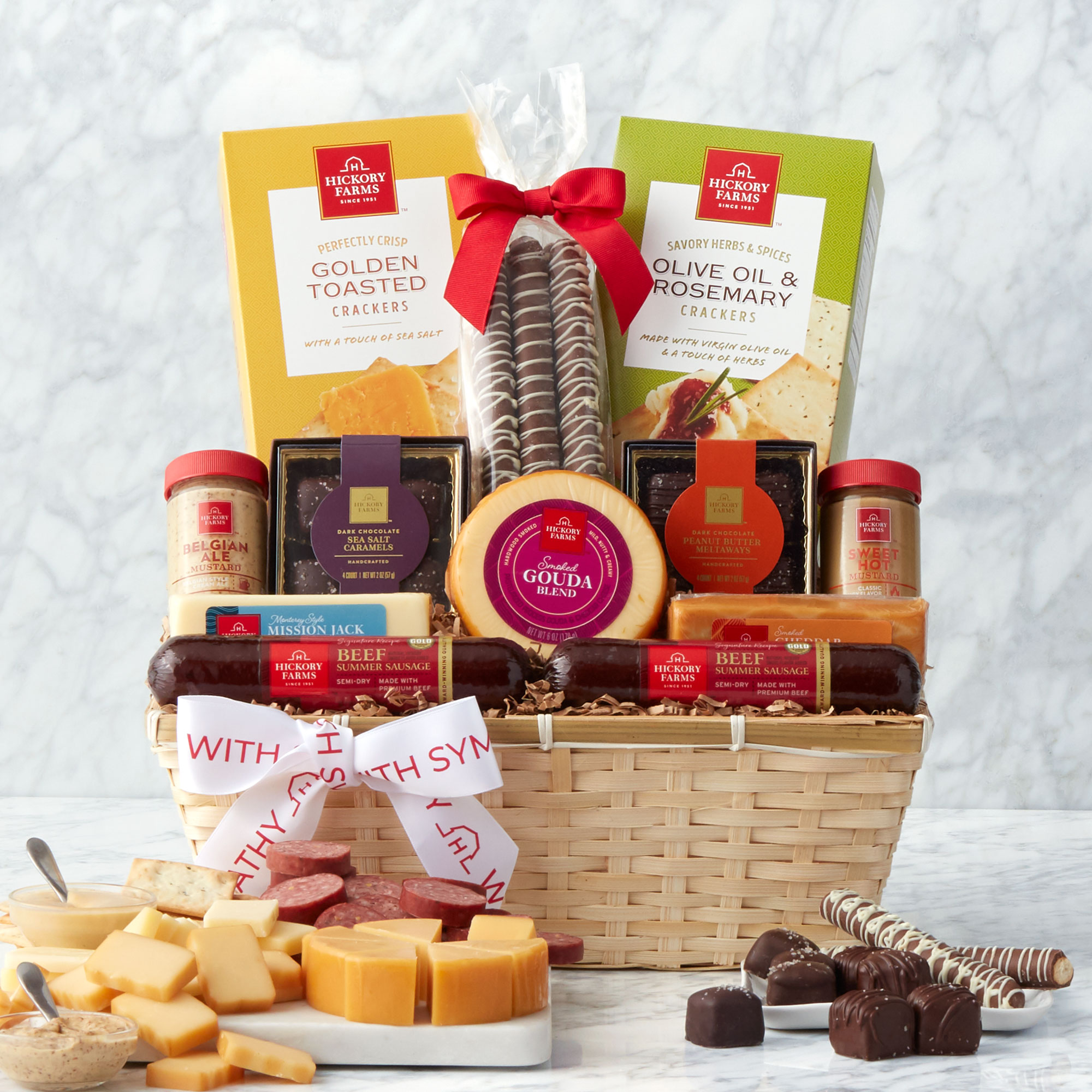 Show your support with a gift basket filled with our favorite flavors. The "with sympathy" ribbon shows your recipient you're thinking of them.