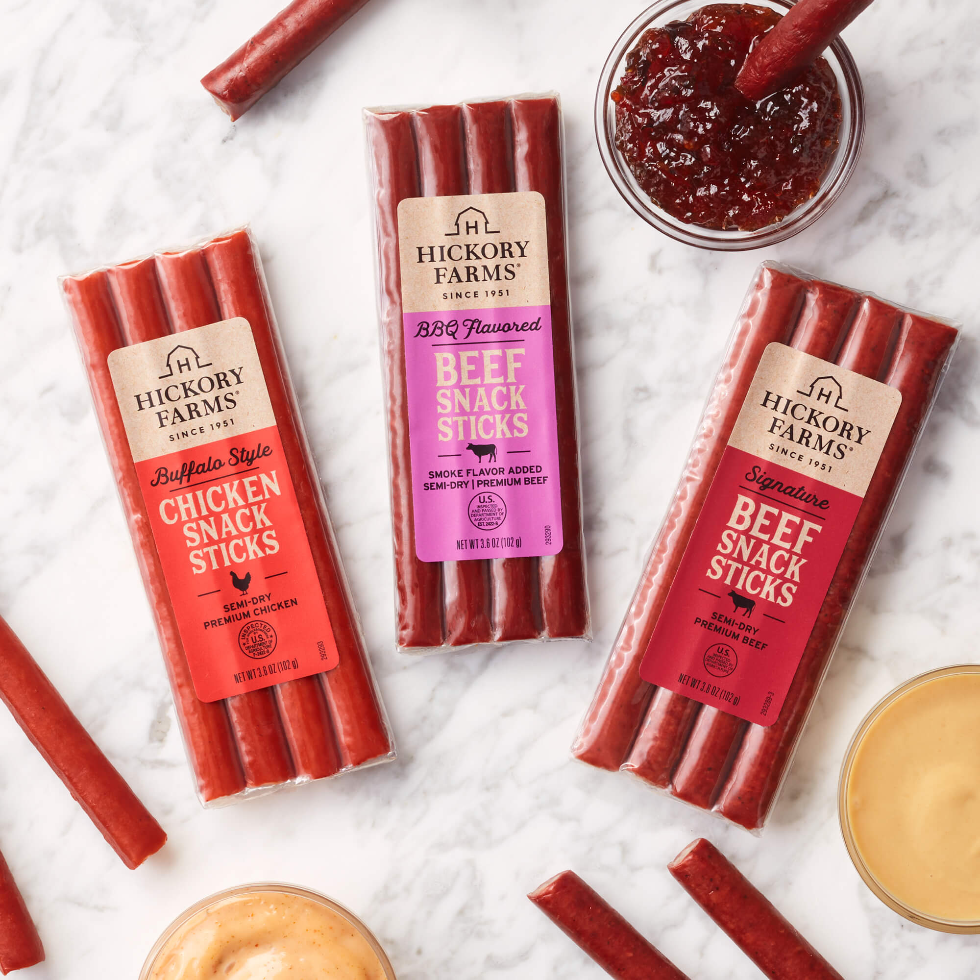 The Snack Stick Variety Pack contains beef sausage, buffalo chicken style, and barbeque snack sticks