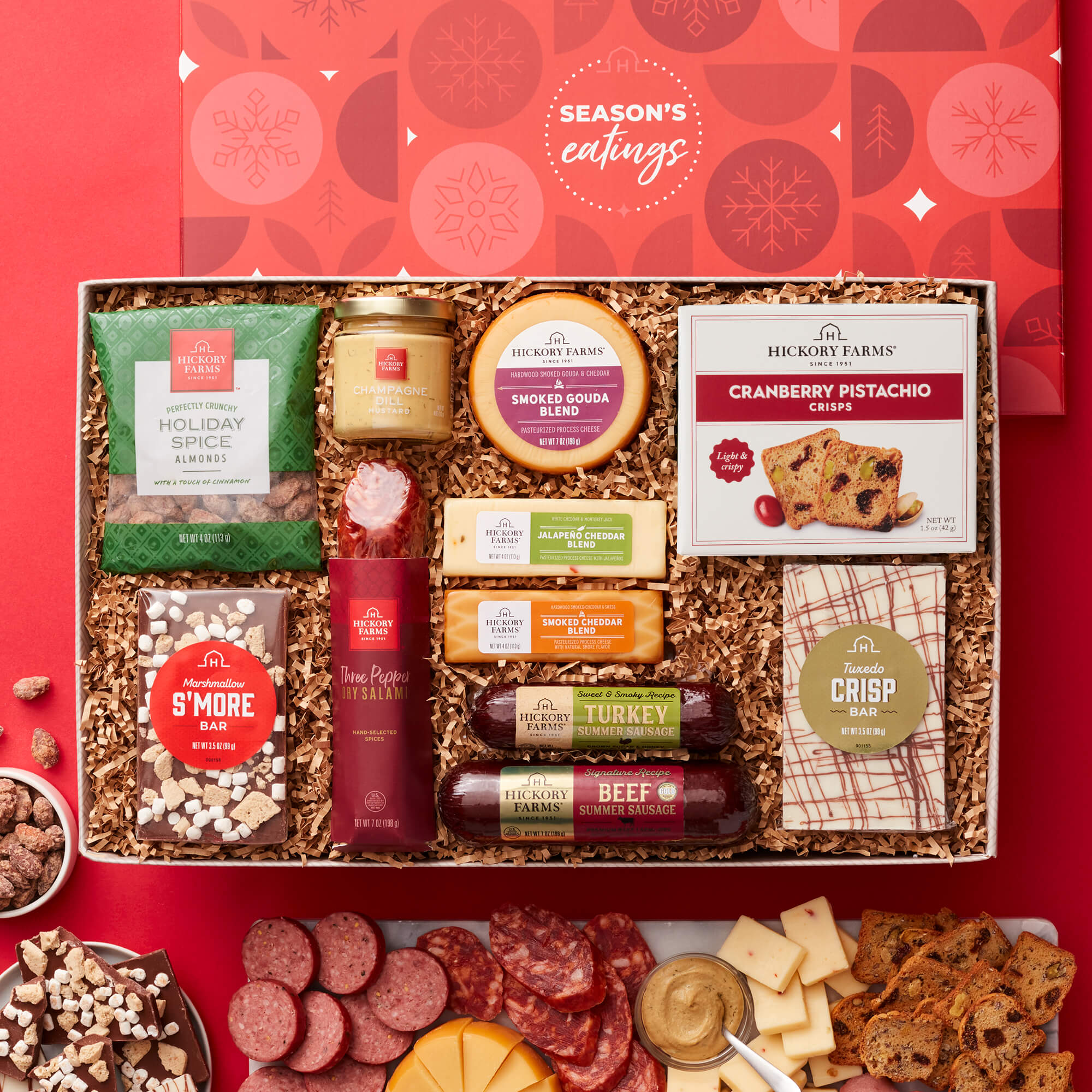 Seasons Eatings Charcuterie & Chocolate Gift Box includes beef sausage, turkey sausage, salami, various cheeses and more