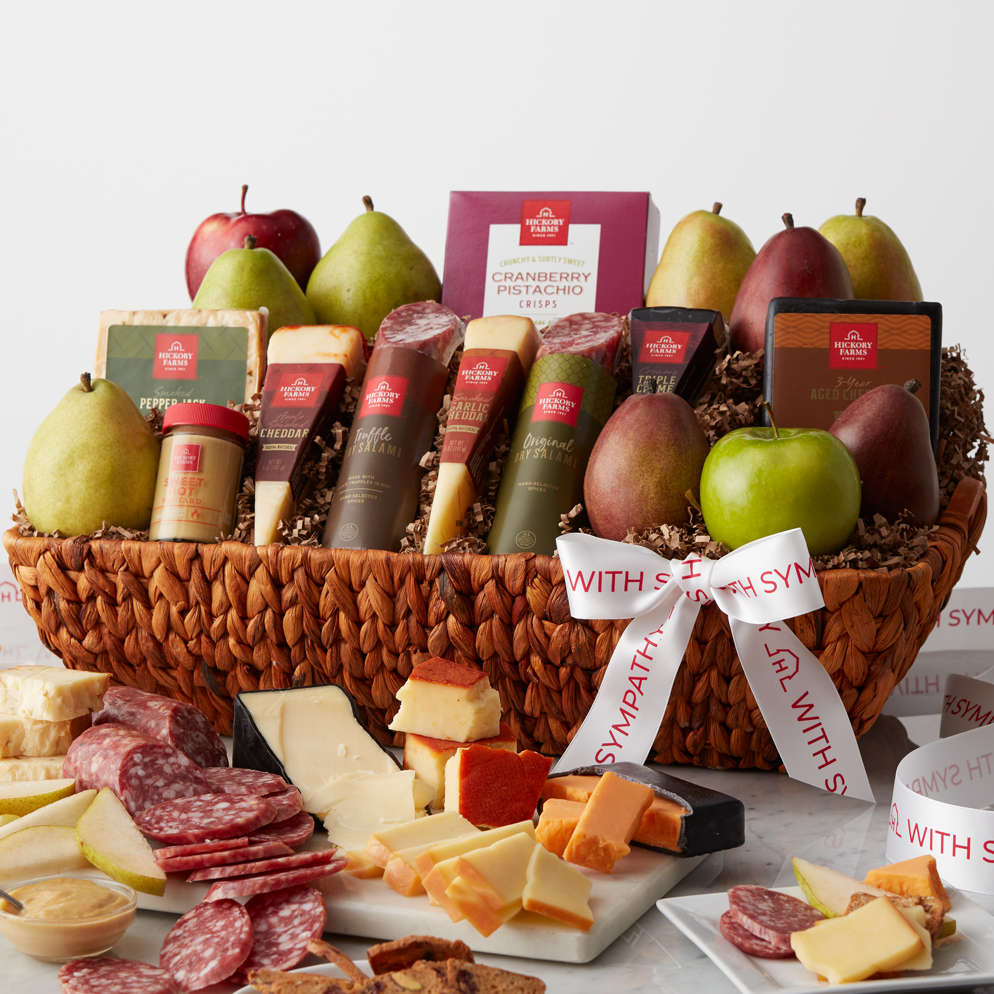 Truffle and Original Dry Salami, Apple Smoked Cheddar, Smoked Garlic Cheddar, Triple Cr&egrave;me, 3-Year Aged Cheddar, and Smoked Pepper Jack all pair perfectly with our famous Sweet Hot Mustard and sweet and crunchy Cranberry Pistachio Crisps.