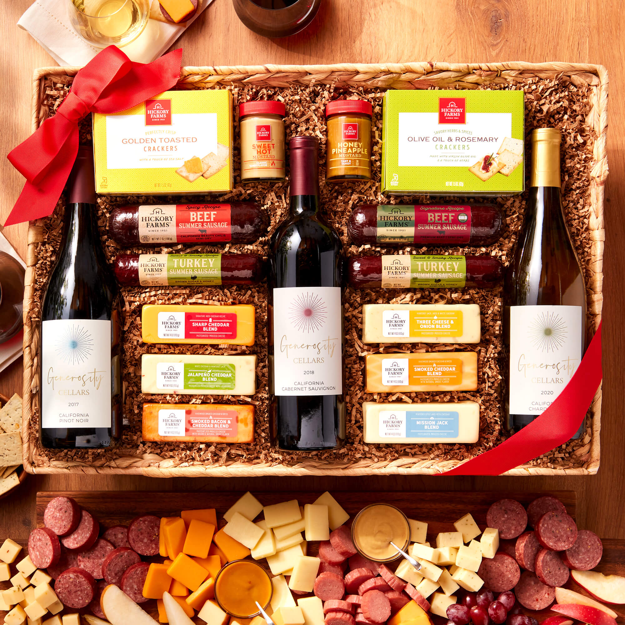 Grand Wine Party Wine Gift Basket includes beef sausage, turkey sausage, various cheeses, mustards, crackers and wine