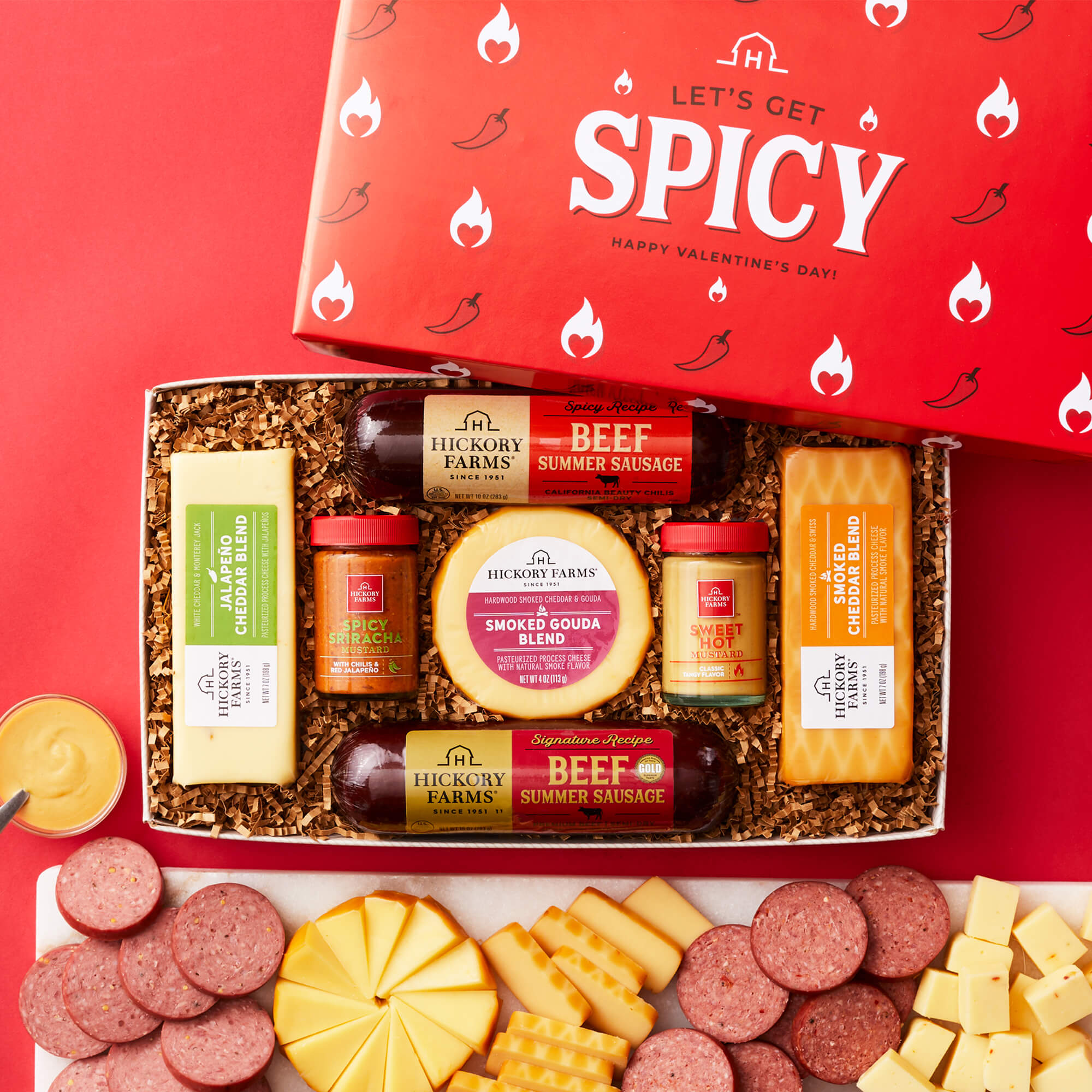 Spicy Summer Sausage & Cheese Gift Box includes various meats, cheeses, and mustards
