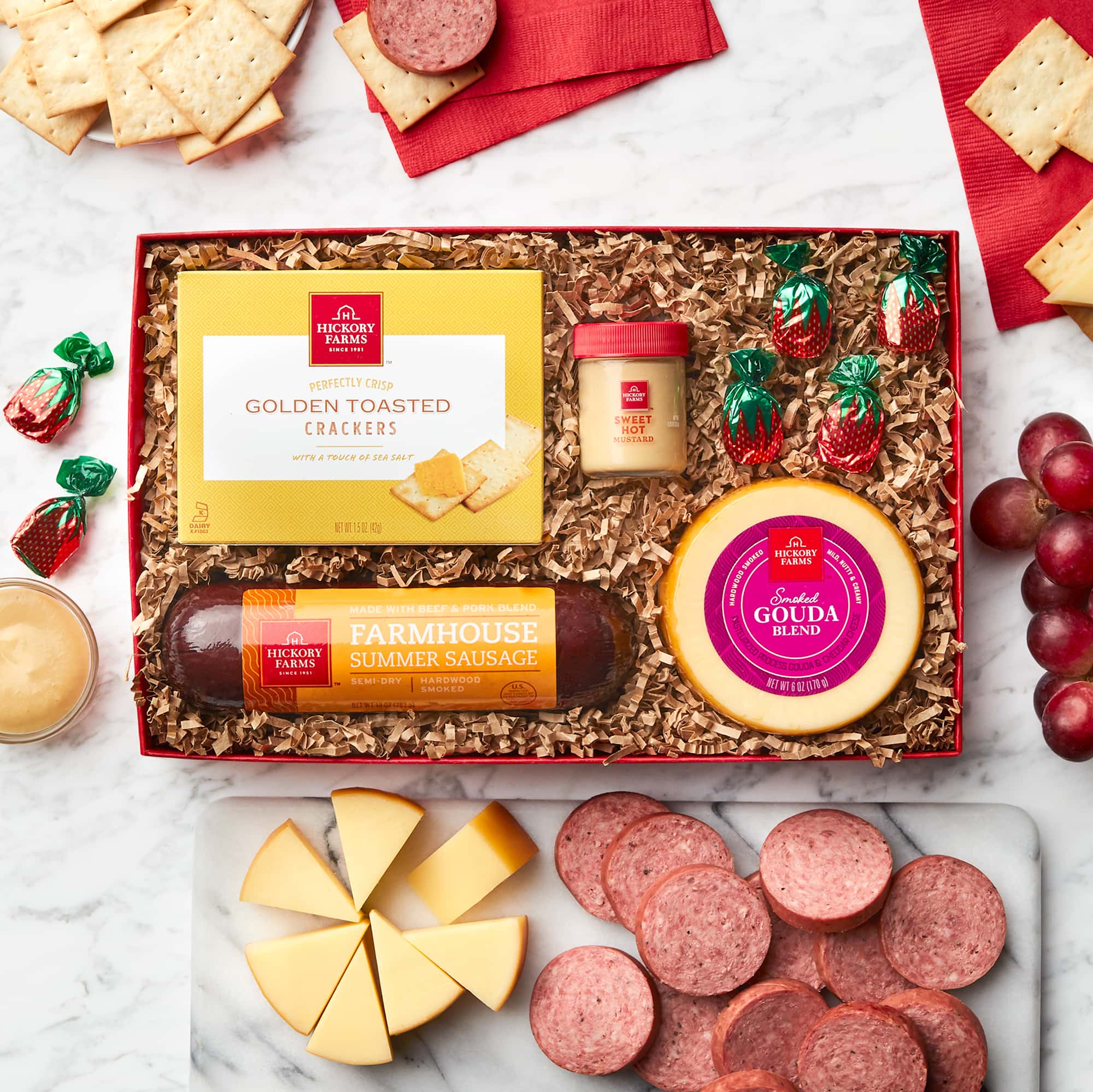 Hearty Holiday Favorites Gift Box, Sausage, Cheese, mustard , crackers