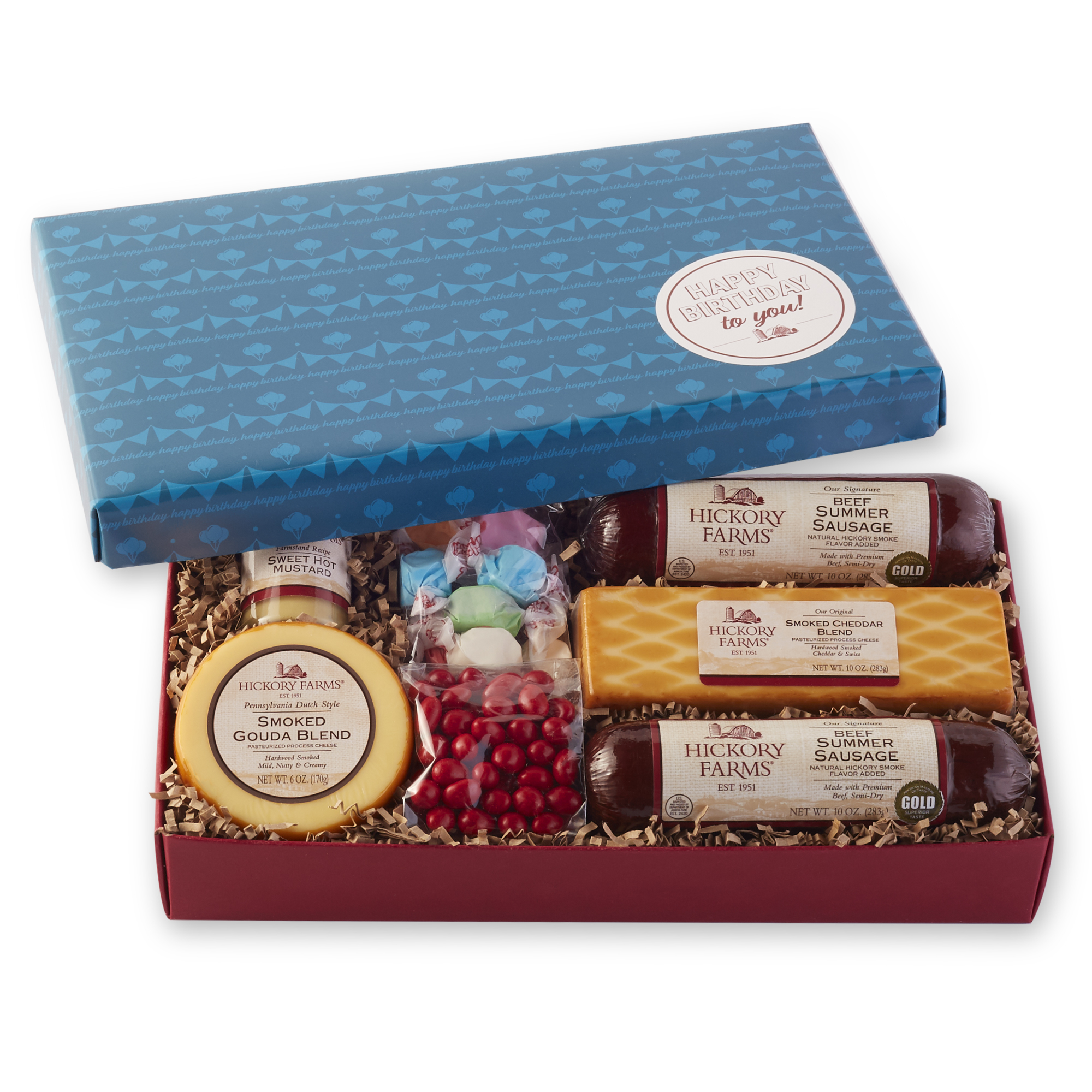 Happy Birthday box with summer sausage, cheese, mustard, salt water taffy, and hard candy