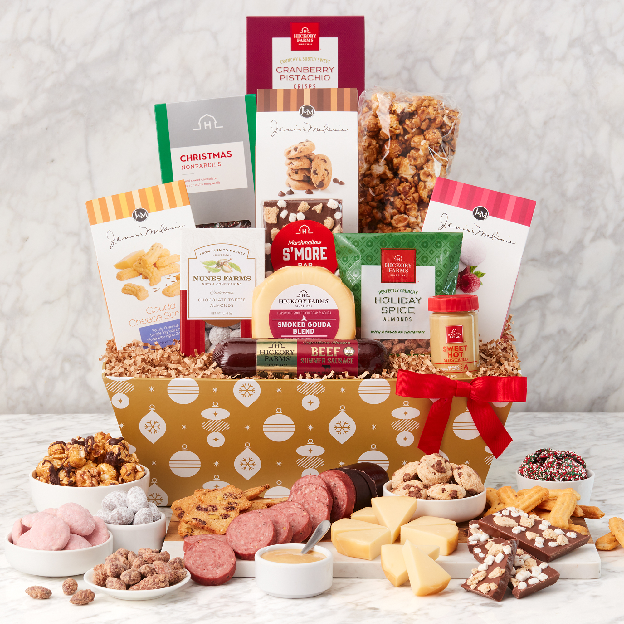 Holiday Cheer Gourmet Gift Basket includes Beef Summer Sausage, various cheeses, crackers, chocolates, popcorn, and cookies