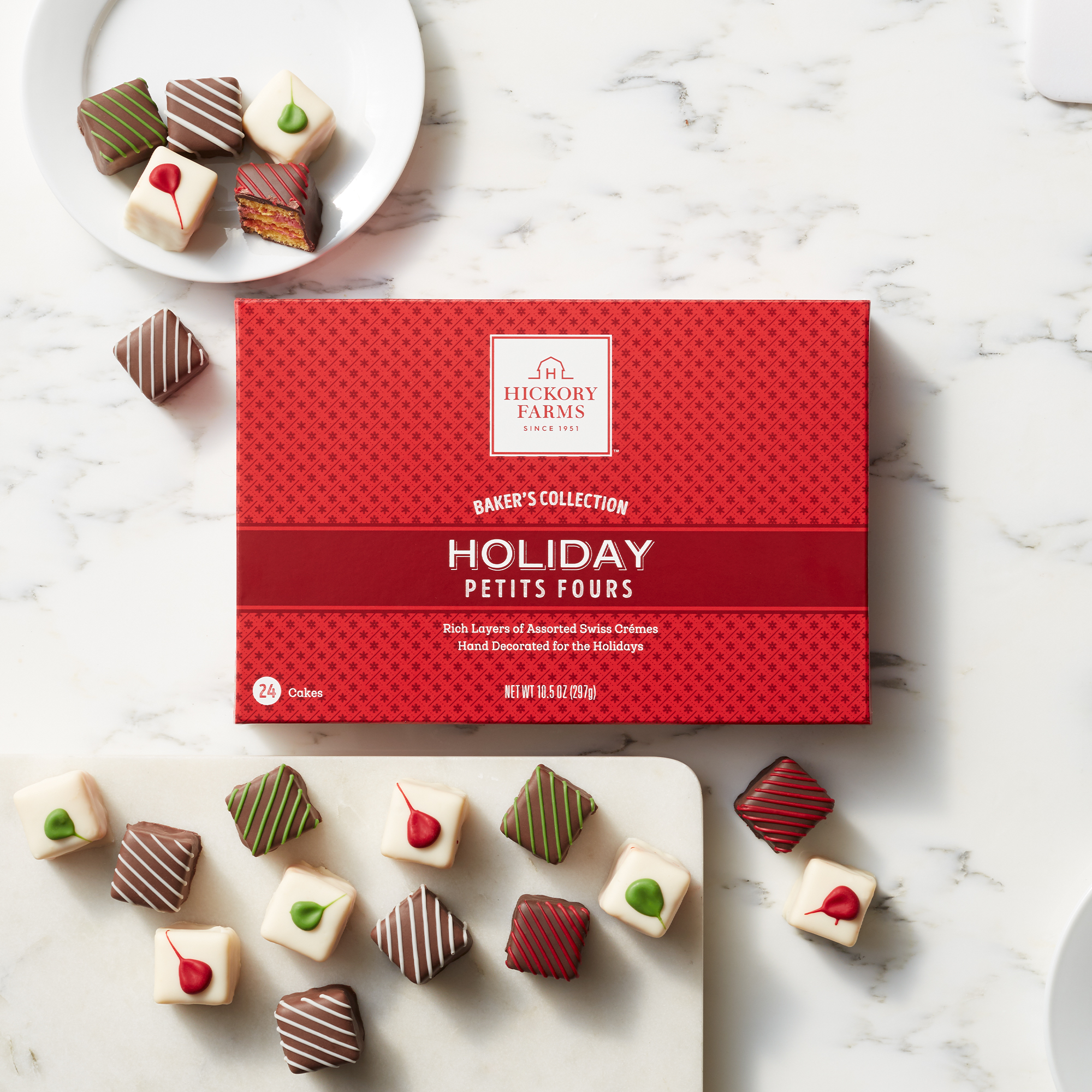 Expertly baked in the traditional Swiss style and filled with layers of the richest crème, these Petit Fours are an indulgence. 